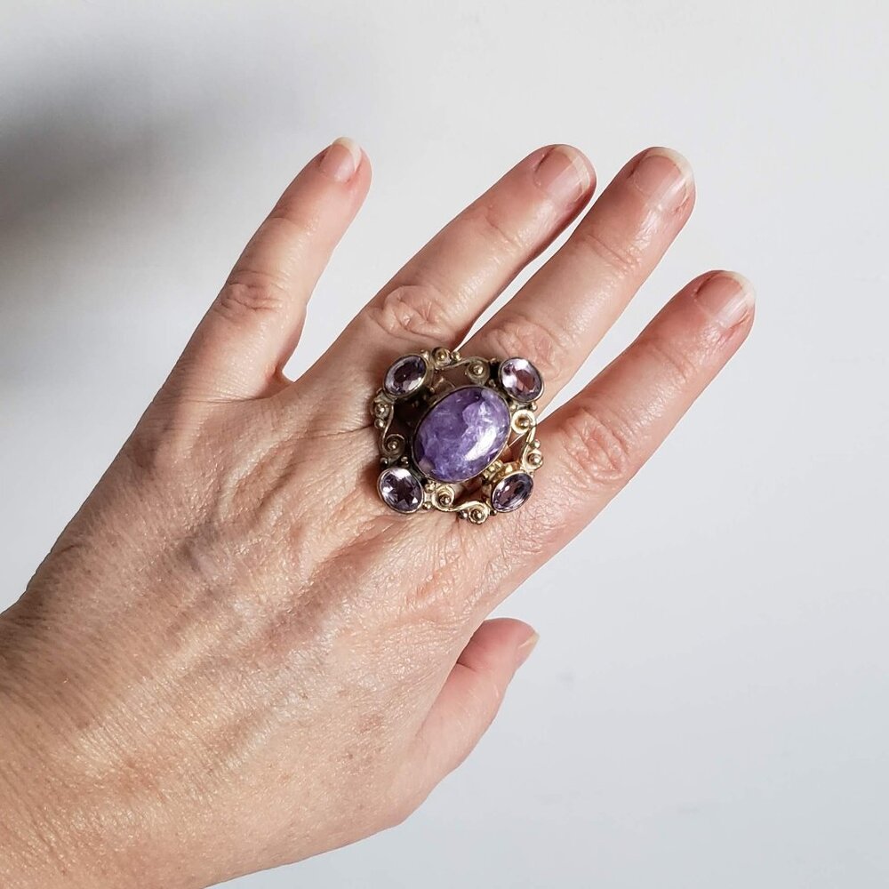 Huge Charoite & Amethyst Ring In Silver Purple Ge… - image 3